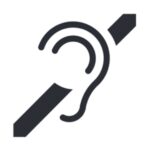 Črno-bel znak s simbolom prečrtanega ušesa, ki označuje dostopnost za osebe z okvarami sluha.