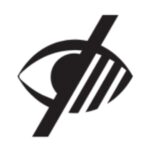 Črno-bel znak s simbolom prečrtanega očesa, ki označuje dostopnost za osebe z okvarami vida.