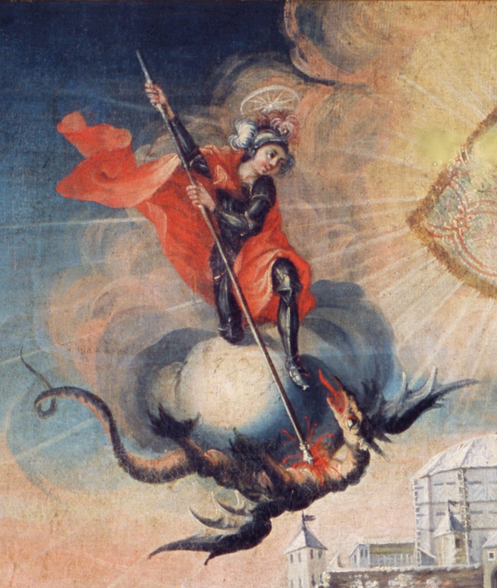 Sveti Jurij stoji na oblaku in zabada sulico v zmaja, detajl slike Led na Dravi iz leta 1766.